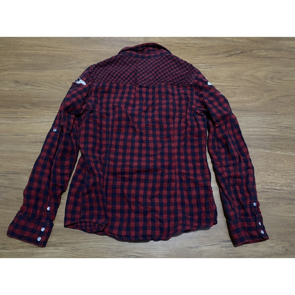 Harley Davidson Women M Red Black Plaid Snap Button Down Corset Tie Back Shirt - Picture 2 of 8